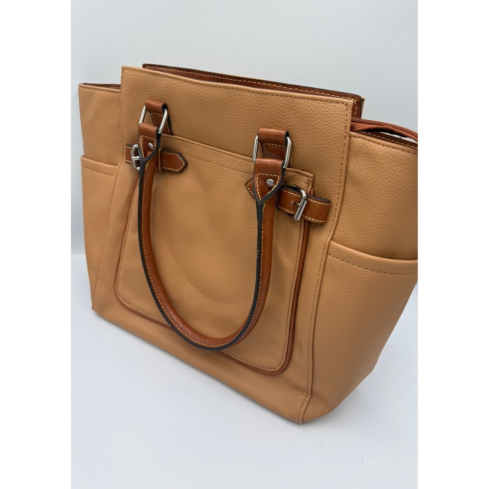 Coldwater Creek Tote Bag Faux Leather Large Tan Cognac Silver Hardware NWOT